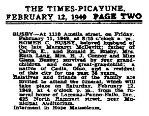 Homer Busby obituary 1949