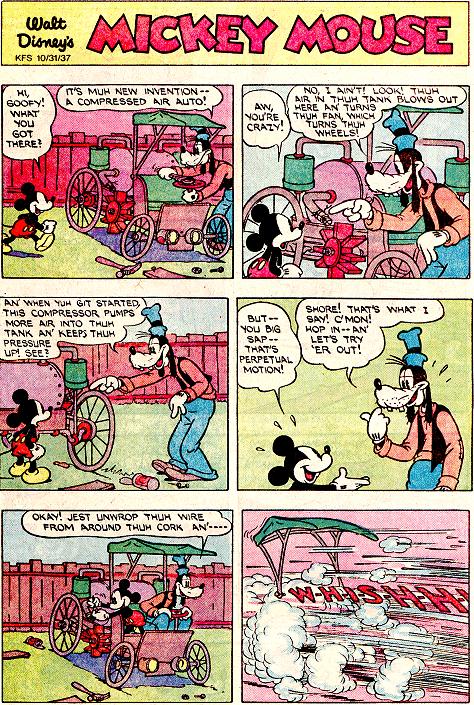 Mickey Mouse and Goofy ride in Goofy's free range air car, Halloween 1937
