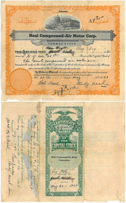 Neal Compressed-Air Motor Corp stock certificate