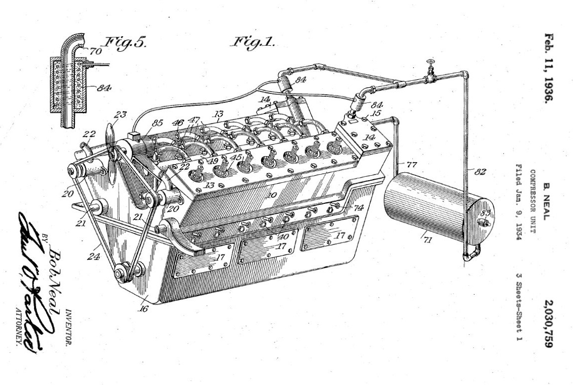 Bob Neal's US Patent 2030759 for Compression Unit, page 1