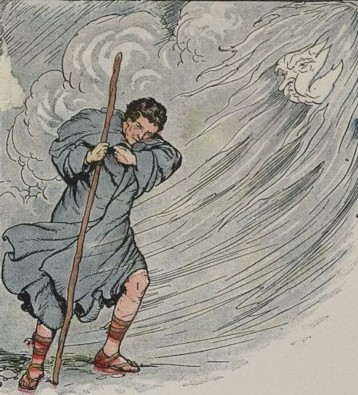 old picture of robed traveler buffeted by strong wind